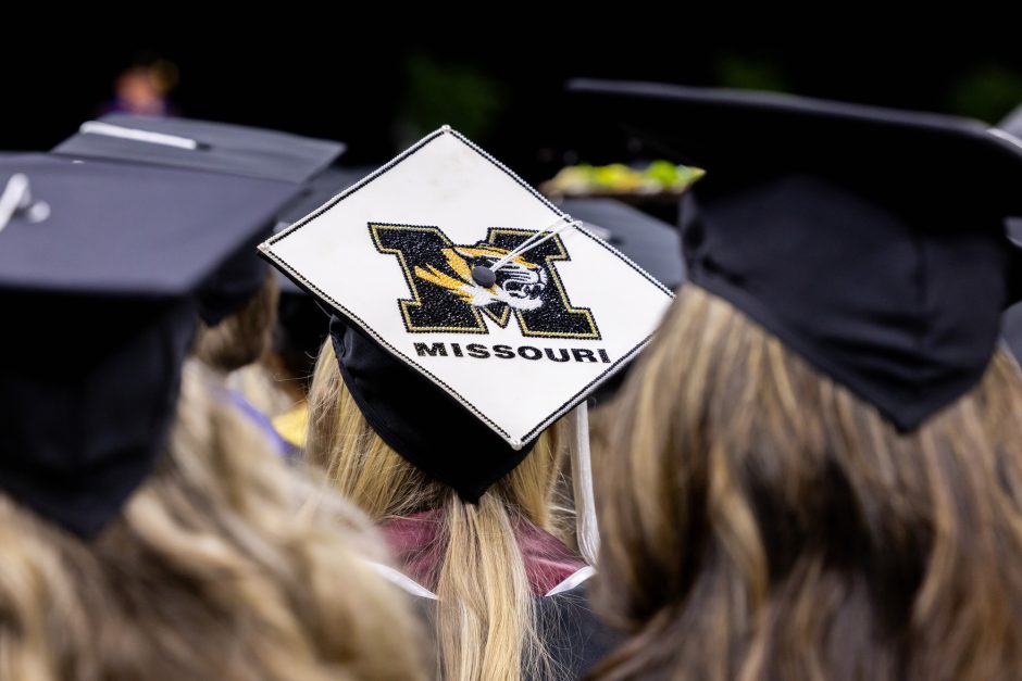 Decorated graduation cap that shows the University of Missouri logo
