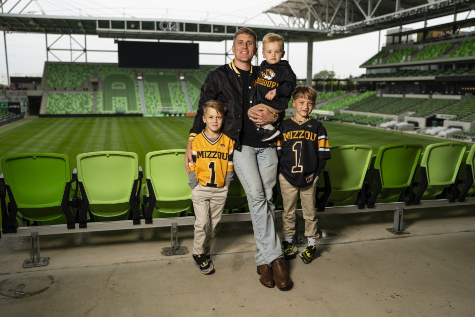 Ryan Madden with his three sons in Mizzou gear at Austin FC's stadium