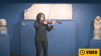 A violinist performs in a museum