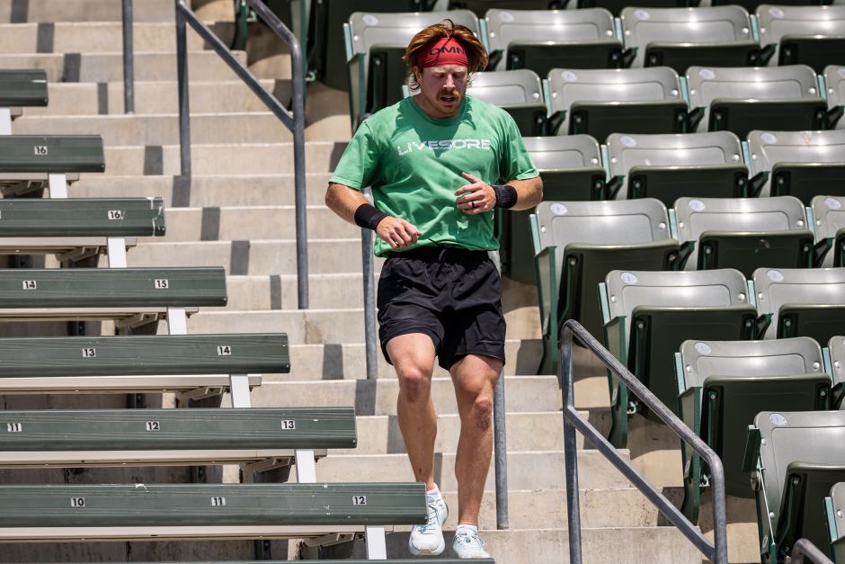 Jacob Schmidt running down the stairs.