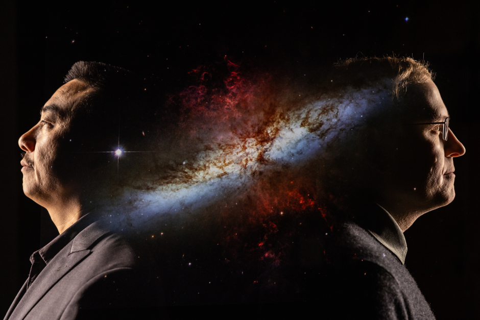 Two professors with space behind them