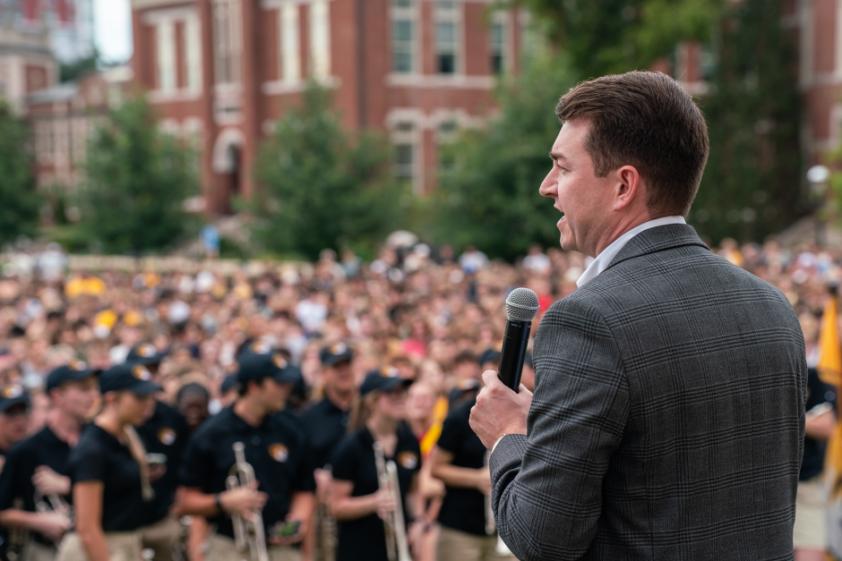 Man at podium speaks to crowd