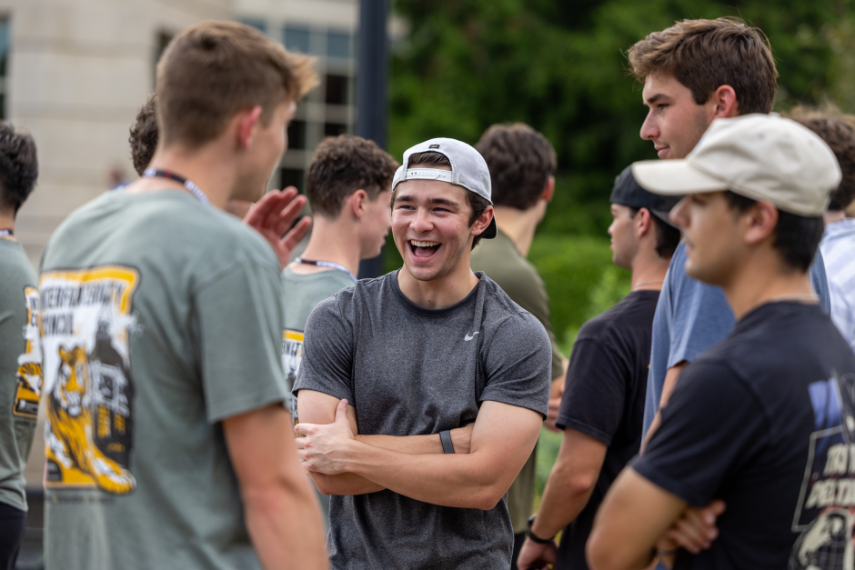 Students chat on campus