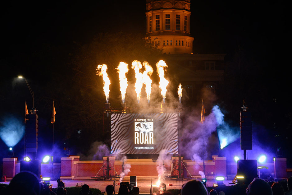 Flames above screen in front of Jesse Hall