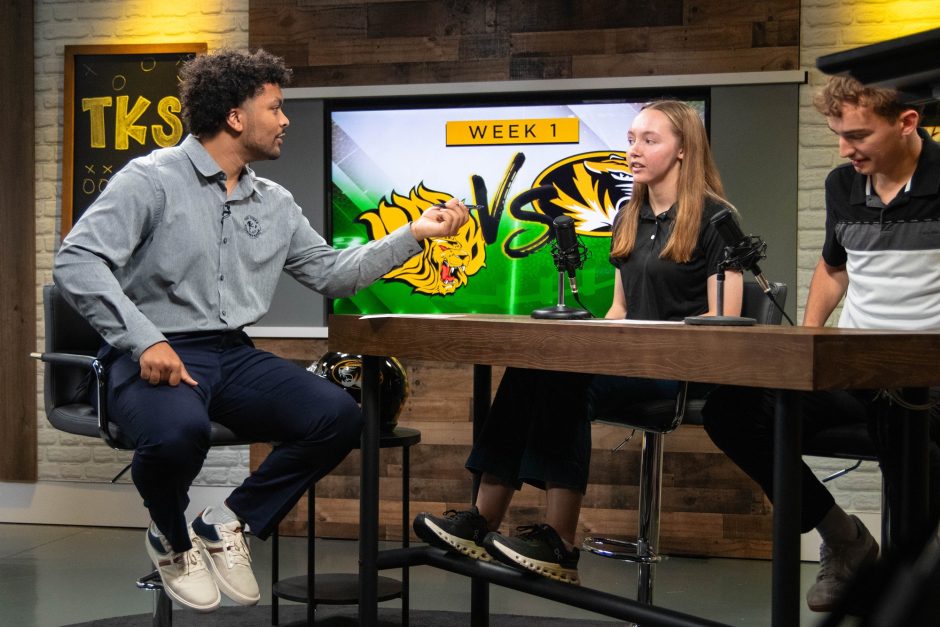 Tyson Ellison, Lilly Marshall and Michael Stamps in the Tiger Kickoff Show studio