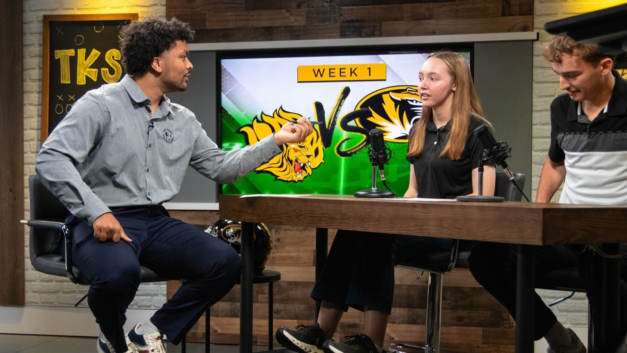 Tyson Ellison, Lilly Marshall and Michael Stamps in the Tiger Kickoff Show studio