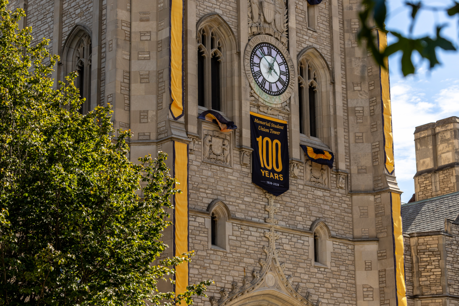 Memorial Student Union Tower with Homecoming decorations