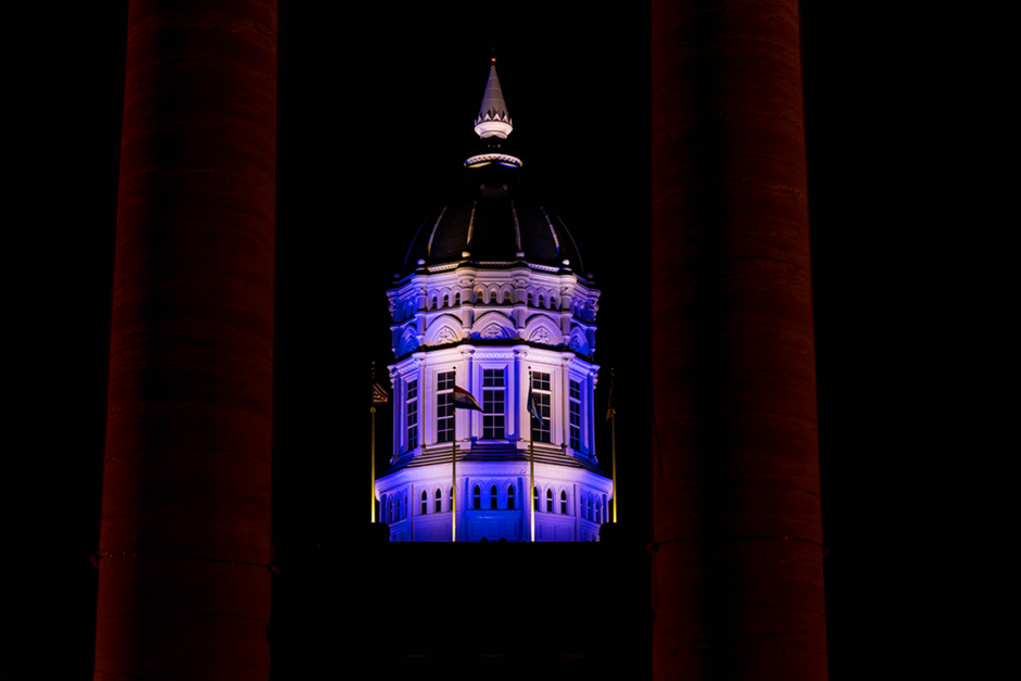 Jesse Hall Dome lit blue