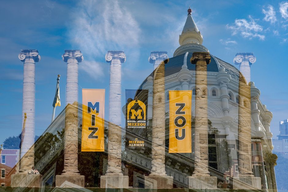 Double exposed image of Jesse Hall and the Columns