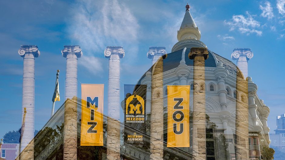 Double exposed image of Jesse Hall and the Columns