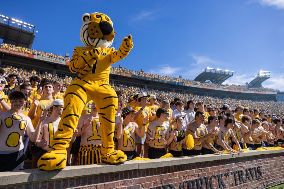Truman the Tiger leading the crowd in cheers