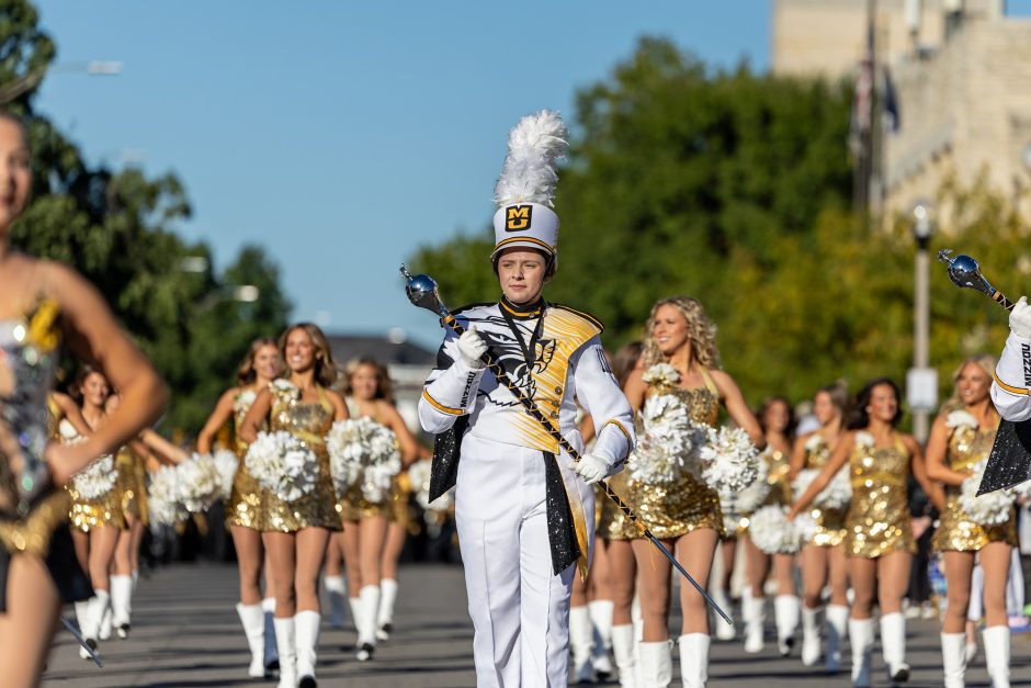 Marching Mizzou drum major marching in parade